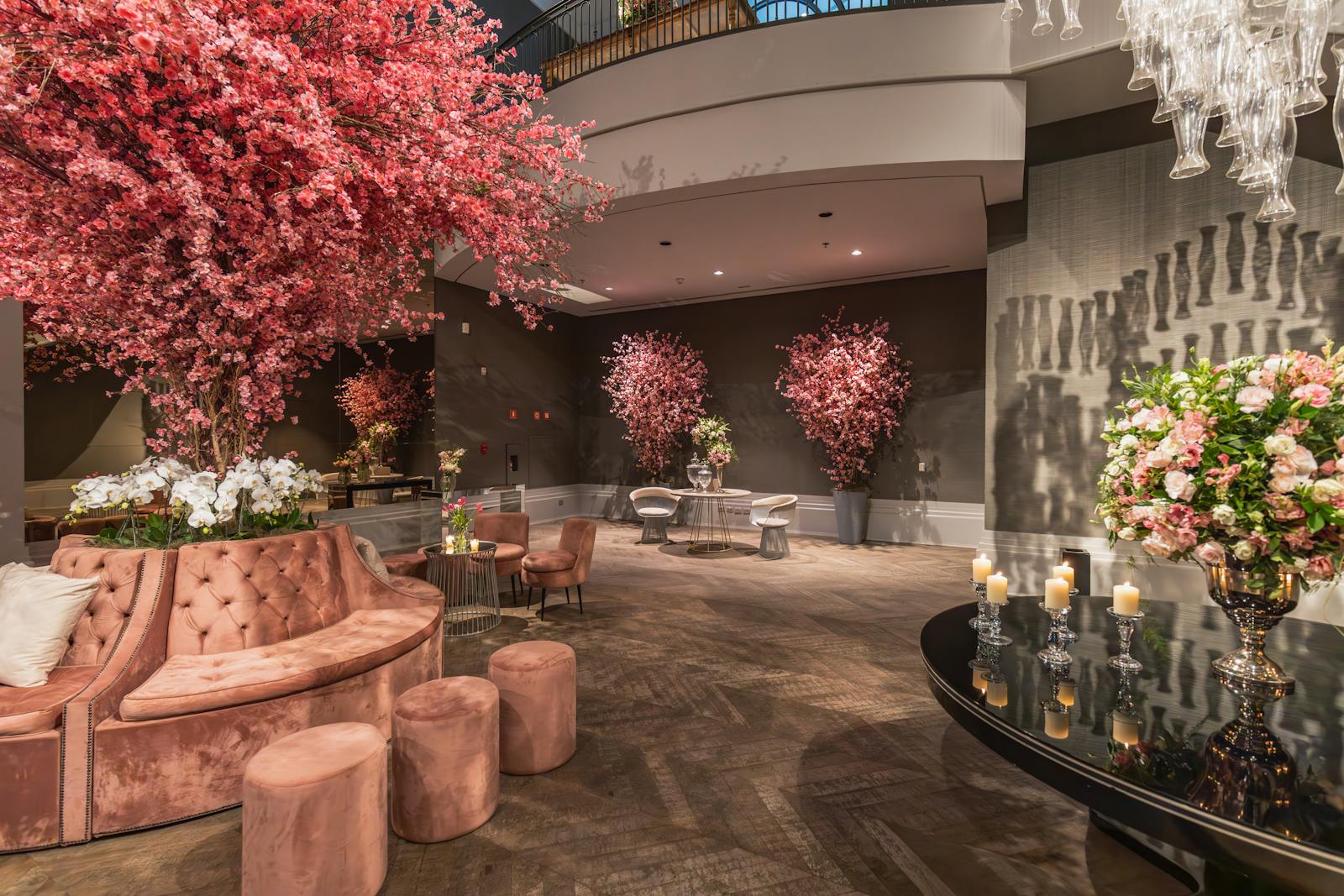 Luxury Reception Hall Decorated with Artificial Cherry Trees and Flowers